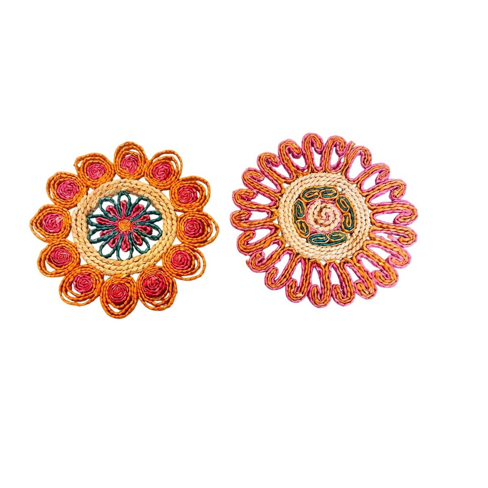 Vintage Woven Raffia Trivets Set of 2 Boho Floral Sunburst Hot‎ Pads Pink Orange